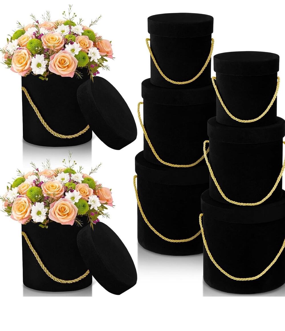 6 Pc Black Velvet Round Flower Gift Boxes with Lids & Gold Handles Nesting Set